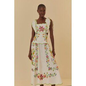Farm Rio Maxi Dress XL Tropical Romance Needlepoint Cut-Out Linen White Floral